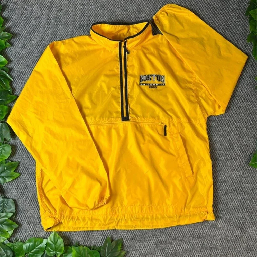 Vintage Boston University 2005 Pullover Windbreaker Jacket Yellow Anorak Y2K